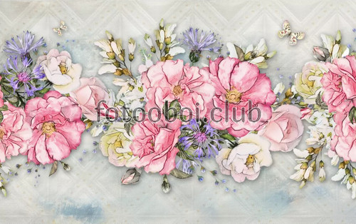 цветы, розы, букет, бабочки, узор, акварель