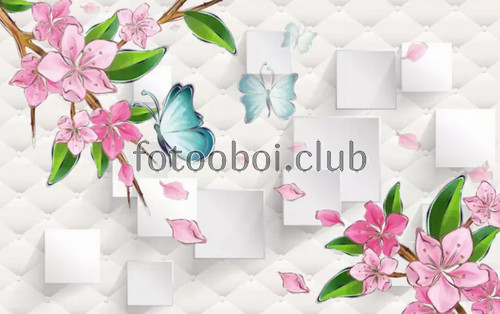 сакура, бабочки, цветы, коретная стяжка, квадраты, 3д, 3d